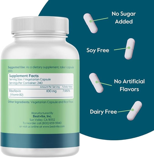 BESTVITE Vitamin B-2 100mg (240 Vegetarian Capsules)