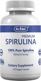 Dr.K&C Organic Spirulina Superfood Supplement – Pure Natural Blue Green Microalgae 600 mg 120 Veggie Capsules Health Immune System Antioxidants Protein Fiber No Filler Non GMO Vegan
