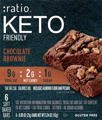 Ratio Soft Baked Bars, Chocolate Brownie, 1g Sugar, Keto Friendly, 5.34 oz (6 Bars)