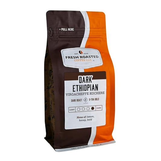 Fresh Roasted Coffee, Dark Ethiopian Yirgacheffe Kochere, 12 oz, Dark Roast, Kosher, Whole Bean