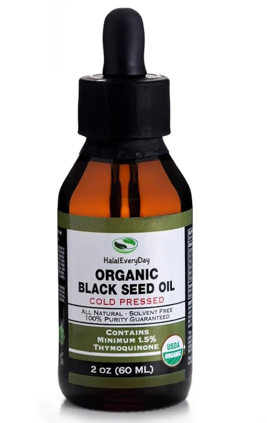 Organic Black Seed Oil - USDA Certified Cold Pressed Glass Bottle Over 1.5% Thymoquinone 3X Strength Turkish Black Cumin Nigella Sativa Non-GMO 100% Pure Blackseed Oil 2oz Dropper Bottle