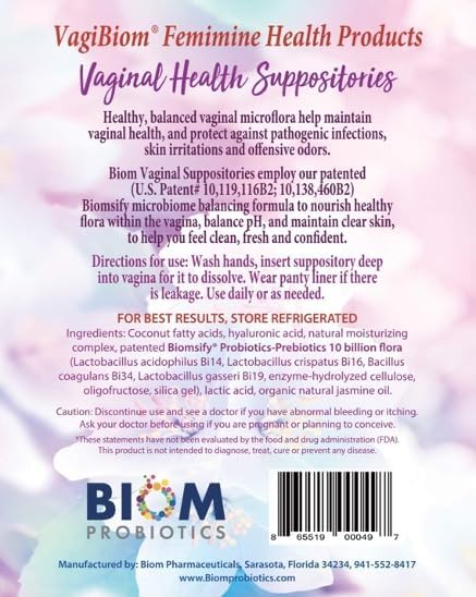 Biom Vaginal Probiotic Suppository: Natural Vaginal pH and Odor Control Regimen; Balance and Nourishes Vaginal Microbiome; No Parabens (5 Count)