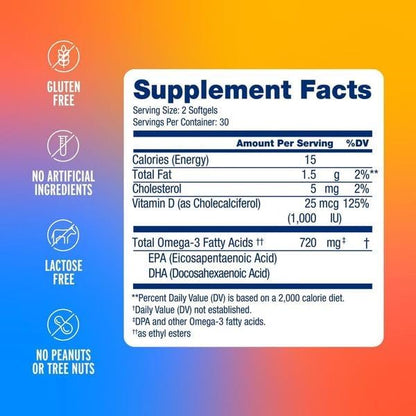 Oceanblue Essentials Everyday Omega Minis – 60ct – Burpless Fish Oil with Vitamin D3 – for Heart and Immune Support – Easy to Swallow Mini Softgels – Tasty Orange Flavor – 1 Month Supply