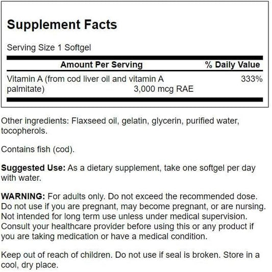Swanson Vitamin A 10,000 IU (3,000 250 Softgels (2 Pack)