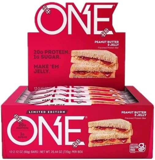 ONE Protein Bars, Peanut Butter & Jelly, Gluten Free with 20g Protein and 1g Sugar, Pantry Staples, 2.12 oz (12 Count)