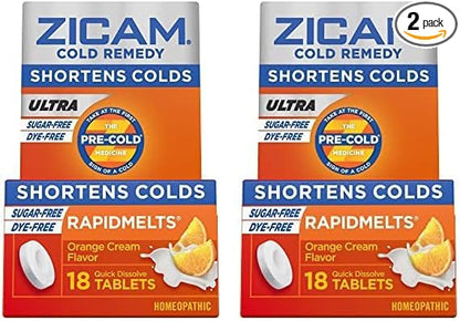 Zicam Ultra Cold Remedy Zinc Rapidmelts, Orange Cream Flavor, Homeopathic, Cold Shortening Medicine, Shortens Cold Duration, Sugar-Free, Dye-Free, 18 Count (Pack of 2)