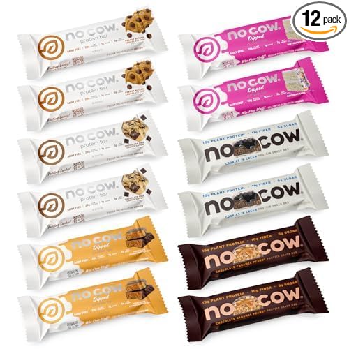 No Cow Protein Bars, Brand Sampler Pack - Healthy Snacks, 20g Vegan Protein, High Fiber, Low Sugar, Keto Friendly, Dairy & Gluten Free (12 Count)