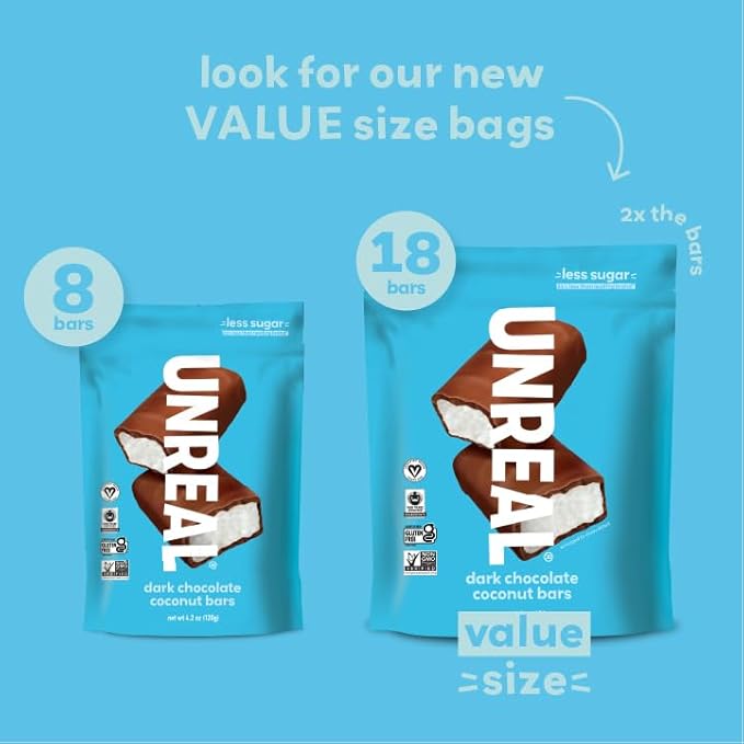UNREAL Dark Chocolate Coconut Bars (Value Size Bag) | Vegan, 3g Sugar, & 3 Simple Ingredients | Non-GMO, Gluten Free, & Fair Trade | 9.5oz