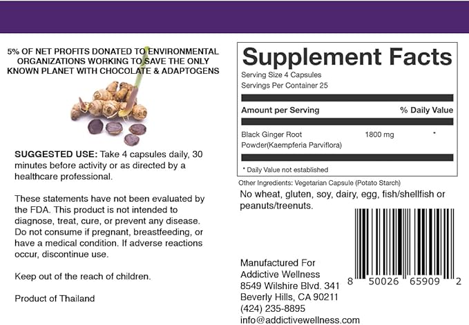 Addictive Wellness Thai Black Ginger 450mg, Vegan 100 Count
