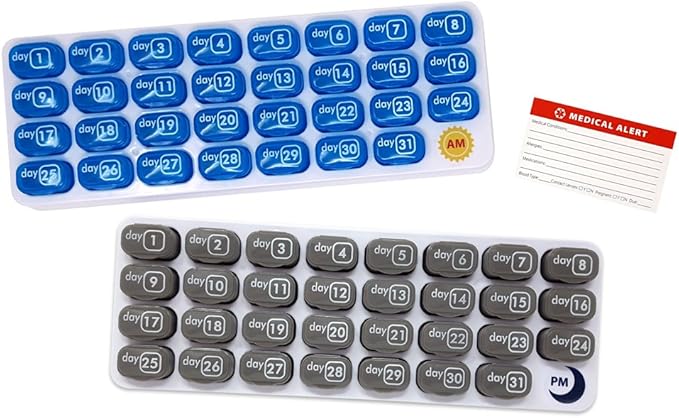 Monthly Pill Organizer 2 Times A Day AM/PM 31 Day Pill Box, Small Removable Travel Daily Pod Cases with Bonus Medical Alert Card