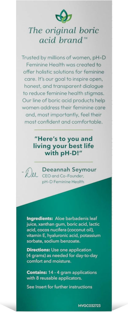 pH-D Feminine Health Support - Boric Acid Moisturizing Suppository - Woman Owned - for Vaginal Odor - Paraben-Free and Cruelty-Free - 14 Count