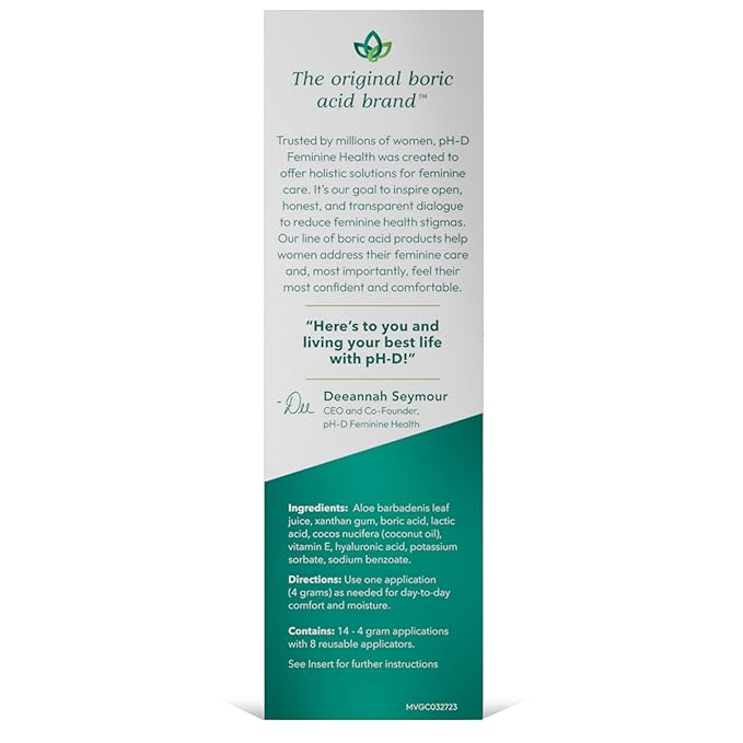 Boric Acid Moisturizing Vaginal Gel with Hyaluronic Acid, Vitamin E for Vaginal Dryness by pH-D Feminine Health, Woman Owned, Paraben-Free, pH-Balanced, Vegan, 14 Applications, Made in the USA
