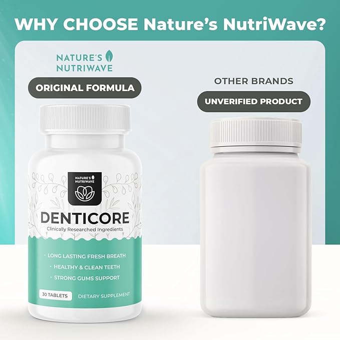 Denticore - Original Formulated Supplements for Teeth and Gums Health | Bad Breath Treatment for Adults | Boosts Oral Health - 100% Natural, Made in USA, 30 Tablets, 3 Month Supply