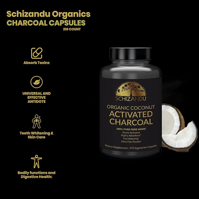 Activated Coconut Charcoal Capsules- Supports Health - Vegan, Organic, Non-GMO, No Additives - X-Large Bottle 210 Count
