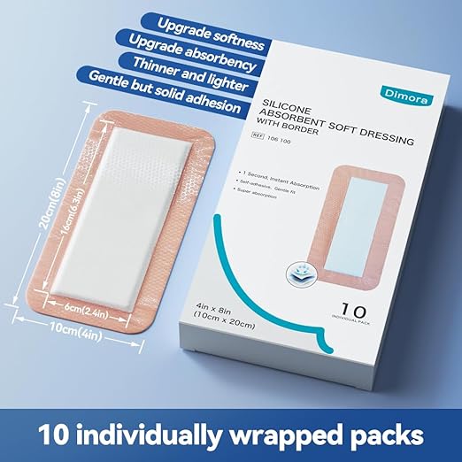 Dimora Silicone Ultra Absorbent Dressing Pads 4"X 8" 8" 10 10 Packs
