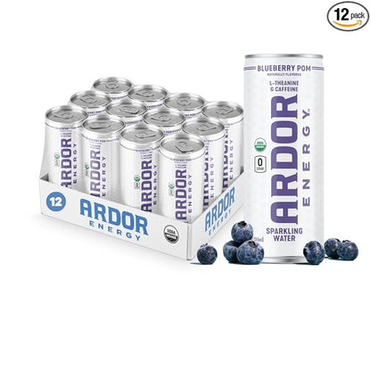 ARDOR ENERGY Sparkling Water Blueberry Pom 12 pack with 100mg Organic Caffeine from Green Tea & 200mg Organic L-Theanine (Focus & Calm). No Sugar. No Calories. Vegan. Gluten Free.