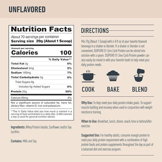 Isopure Unlfavored Protein, 25g Whey Isolate, 70 Servings, 4.5 Pound