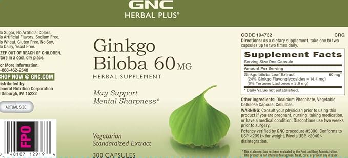 GNC Herbal Plus Ginkgo Biloba 60 MG 300 Capsules