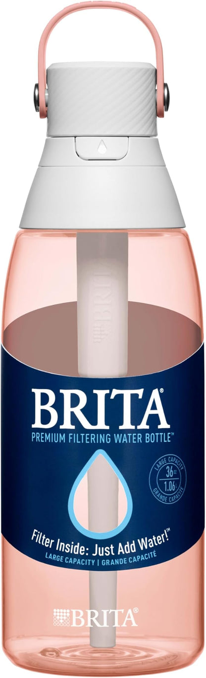 Brita Hard-Sided Plastic Premium Filtering Water Bottle, BPA-Free, Reusable, Replaces 300 Plastic Water Bottles, Filter Lasts 2 Months or 40 Gallons, Includes 1 Filter, Blush - 36 oz.