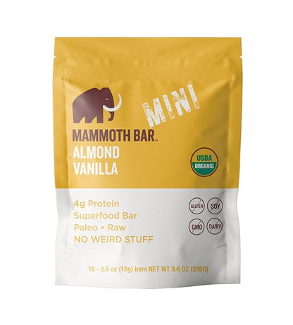 Mammoth Bar Almond Vanilla Mini Bar - Mini Organic Snack Bar Packed with 4g Protein. Made with Premium Almond, Dates & Egg White Protein. Paleo • Gluten Free • Raw - 16 Mini Bars