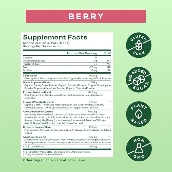 Bloom Nutrition Superfood Greens Powder Stick Packs, Digestive Enzymes with Probiotics and Prebiotics, Gut Health, Bloating Relief for Women, Chlorella, Green Juice Mix, 15 SVG, Berry