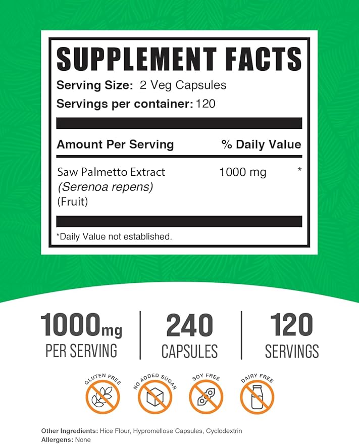 BulkSupplements.com Saw Palmetto Extract Capsules - Serenoa Repens, Saw Palmetto Supplement, Saw Palmetto 1000mg - Gluten Free, 2 Capsules per Serving, 240 Veg Capsules (Pack of 1)