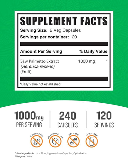 BulkSupplements.com Saw Palmetto Extract Capsules - Serenoa Repens, Saw Palmetto Supplement, Saw Palmetto 1000mg - Gluten Free, 2 Capsules per Serving, 240 Veg Capsules (Pack of 1)