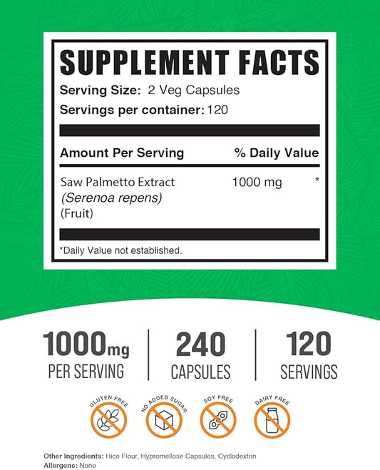 BulkSupplements.com Saw Palmetto Extract Capsules - Serenoa Repens, Saw Palmetto Supplement, Saw Palmetto 1000mg - Gluten Free, 2 Capsules per Serving, 240 Veg Capsules (Pack of 1)