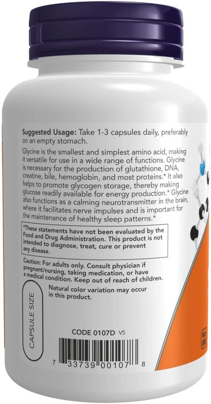 NOW Supplements, Glycine 1,000 mg Free-Form, 100 Veg