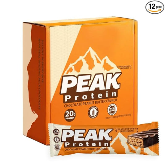 PEAK PROTEIN BARS - Chocolate Peanut Butter Crunch - Natural - Grass-Fed Whey - 20G Protein - Non-GMO - Gluten Free - Organic Milk Chocolate (12 Bars)
