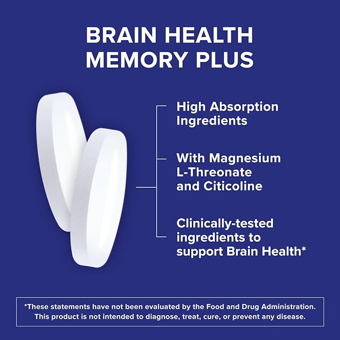 Qunol Brain Health Memory Plus, Magnesium L-Threonate & Citicoline, Clinically Tested Ingredients to Improve Memory, Focus, Attention and Productivity, 60 Count (Pack of 1)