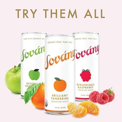 Sovány Sparkling Water, Green Apple, Seltzer Water Drinks, USDA Organic, Made With Real Fruit, Non-GMO, Vegan, No Added Sugar, Low Calorie, 12 fl oz, 24 Pack