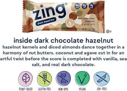 Zing Dark Chocolate Hazelnut Vegan Protein Bars, Gluten Free with High Protein, High Fiber, Dairy Free Nutrition Bars, Plant Based Protein, Kosher, Low Sugar, No Sugar Alcohols - 12 count