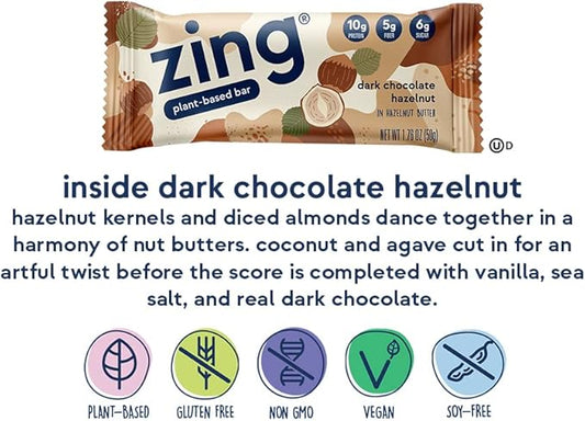 Zing Dark Chocolate Hazelnut Vegan Protein Bars, Gluten Free with High Protein, High Fiber, Dairy Free Nutrition Bars, Plant Based Protein, Kosher, Low Sugar, No Sugar Alcohols - 12 count