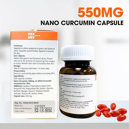 Nano Curcumin - 30 Capsules - Nano Technology Increases Absorption Up to 99.9%, Promotes Digestive System, Relieves Gastric and Beautifies The Skin
