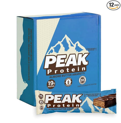 PEAK PROTEIN BARS - Almond Butter Amaretti - Natural - Grass-Fed Whey - 19G Protein - Non-GMO - Gluten Free - Organic Milk Chocolate (12 Bars)