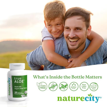NatureCity True-Aloe 80,000mg Aloe Vera Gel Equivalent Per Serving – Made with Organic Aloe Vera (120 Capsules) Digestive, Skin and Joint Support | Small Easy-to-Swallow Pills