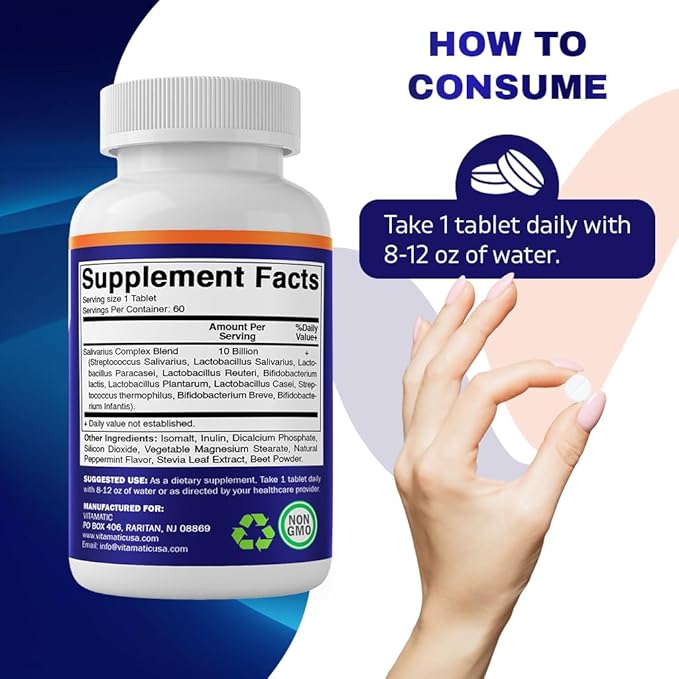 Vitamatic Salivarius Complex 10 Billion Chewable Mint Flavored Tablet - 60 Count - Oral Health Chewable Probiotics + Prebiotics - Supports Healthy Teeth, Gums, & Better Breath