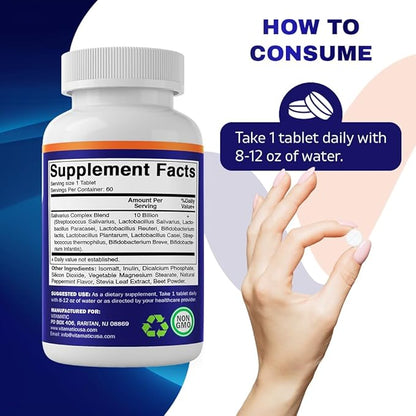 Vitamatic Salivarius Complex 10 Billion Chewable Mint Flavored Tablet - 60 Count - Oral Health Chewable Probiotics + Prebiotics - Supports Healthy Teeth, Gums, & Better Breath