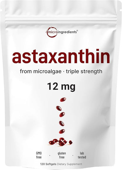 Micro Ingredients Astaxanthin 12mg, 120 Softgels, 4 Month Supply | Premium Astaxanthin Antioxidant Supplements | Fresh Microalgae Source | Supports Eye, Joint, & Internal Circulation Health