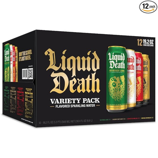 Liquid Death, Flavored Sparkling Water Variety Pack (Lime, Mango, Melon, and Cherry), 12-Pack (King Size 19.2oz Cans), Flavored Sparkling Beverage Sweetened With Real Agave, Low Calorie & Low Sugar