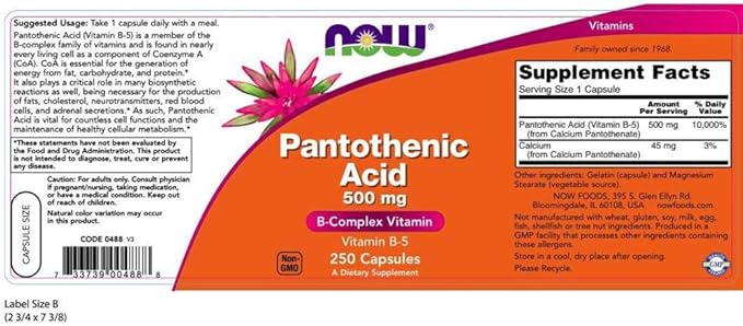 Now Foods Pantothenic Acid 500 mg, 250 Capsule (3 Pack)