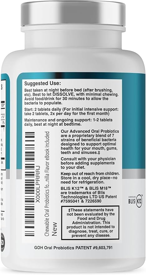 Oral Probiotics for Mouth Bad Breath Treatment for Adults: Dentist Formulated Advanced Oral Probiotics for Teeth and Gums +BLIS K12 M18 – 60 Chewable Oral Health Probiotics Tablets -Strawberry Vanilla