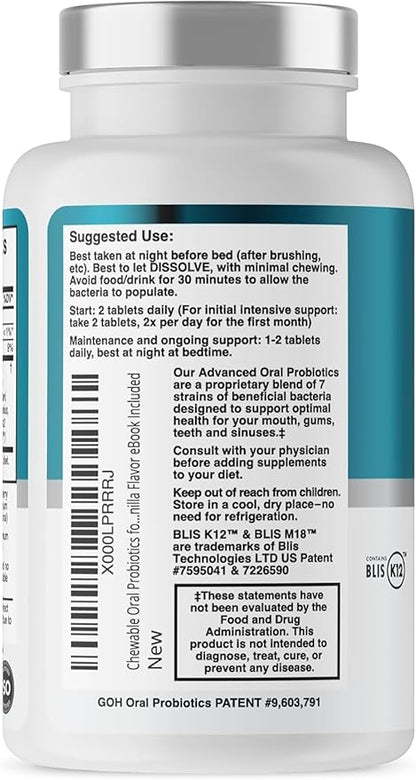 Oral Probiotics for Mouth Bad Breath Treatment for Adults: Dentist Formulated Advanced Oral Probiotics for Teeth and Gums +BLIS K12 M18 – 60 Chewable Oral Health Probiotics Tablets -Strawberry Vanilla