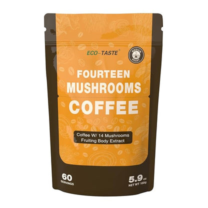 ECO-TASTE Mushrooms Coffee 14 in 1-60 Servings, Arabica Coffee with Lion's Mane, Reishi, Maitake, Turkey Tail, Chaga Fruiting Body Extract, 30% Beta-Glucan for Focus & Gut Health Support, 5.9oz