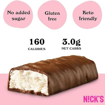 NICKS Coconut Keto Chocolate Candy Bars No Added Sugar 160 Calories, 3.0 Net carbs, Gluten Free Sweets Low carb Candy Snack Bar (Multipack 15x40g)