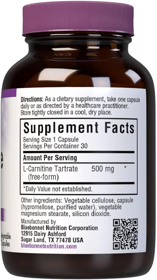 BlueBonnet L-Carnitine 500 mg Vitamin Capsules, White, 60 Count