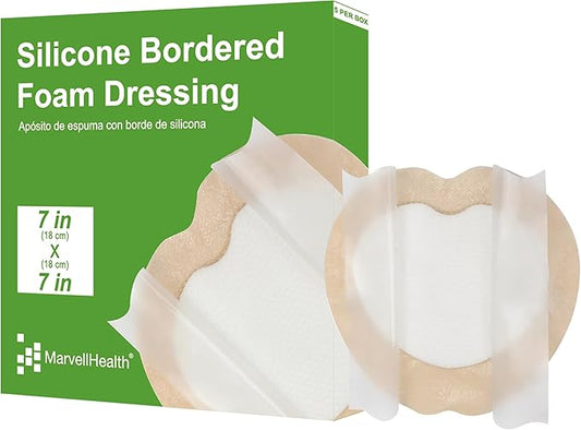 Silicone Bordered Foam Dressing 7" x 7", Pack 5 Individual