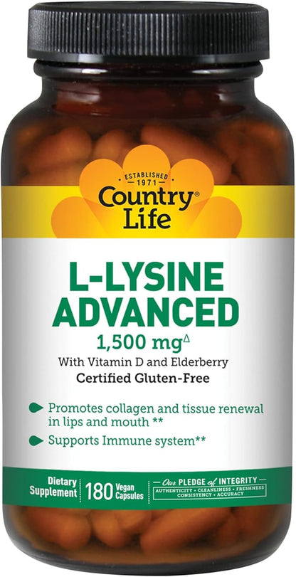 Country Life Vitamins L-Lysine Advanced, Elderberry,1500mg, 180 180 Vegan