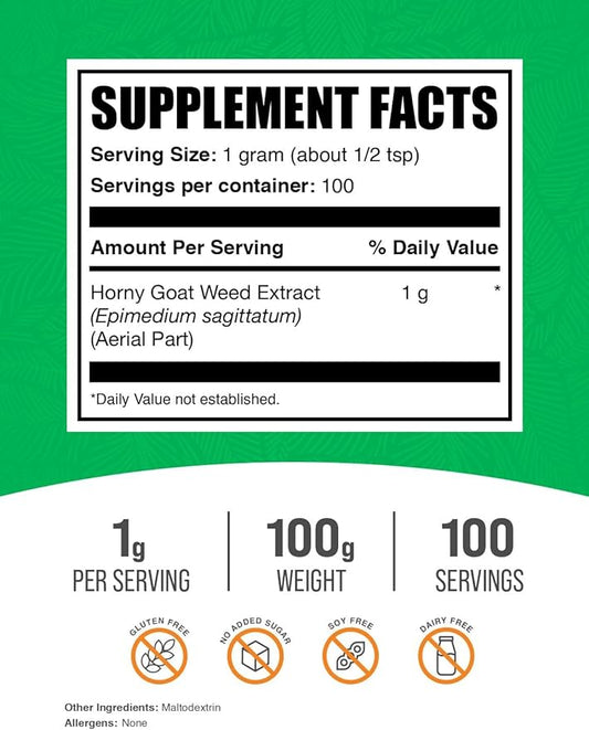 BulkSupplements.com Horny Goat Weed Extract - Epimedium Extract, Horny Goat Weed Herbal Supplements, Horny Goat Weed Powder- Gluten Free, 1000mg per Serving, 100g (3.5 oz) (Pack of 1)